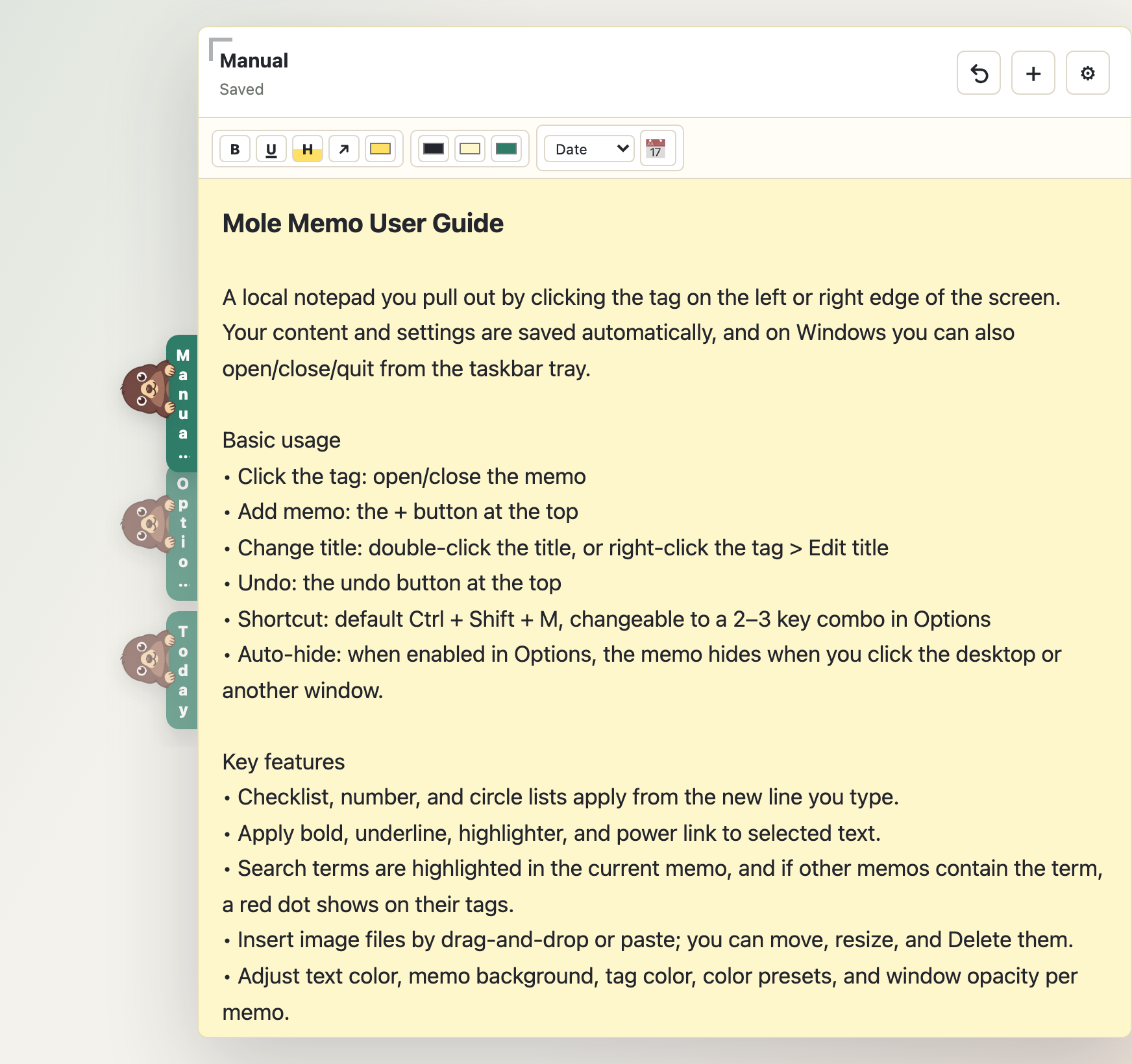 Mole Memo app screen