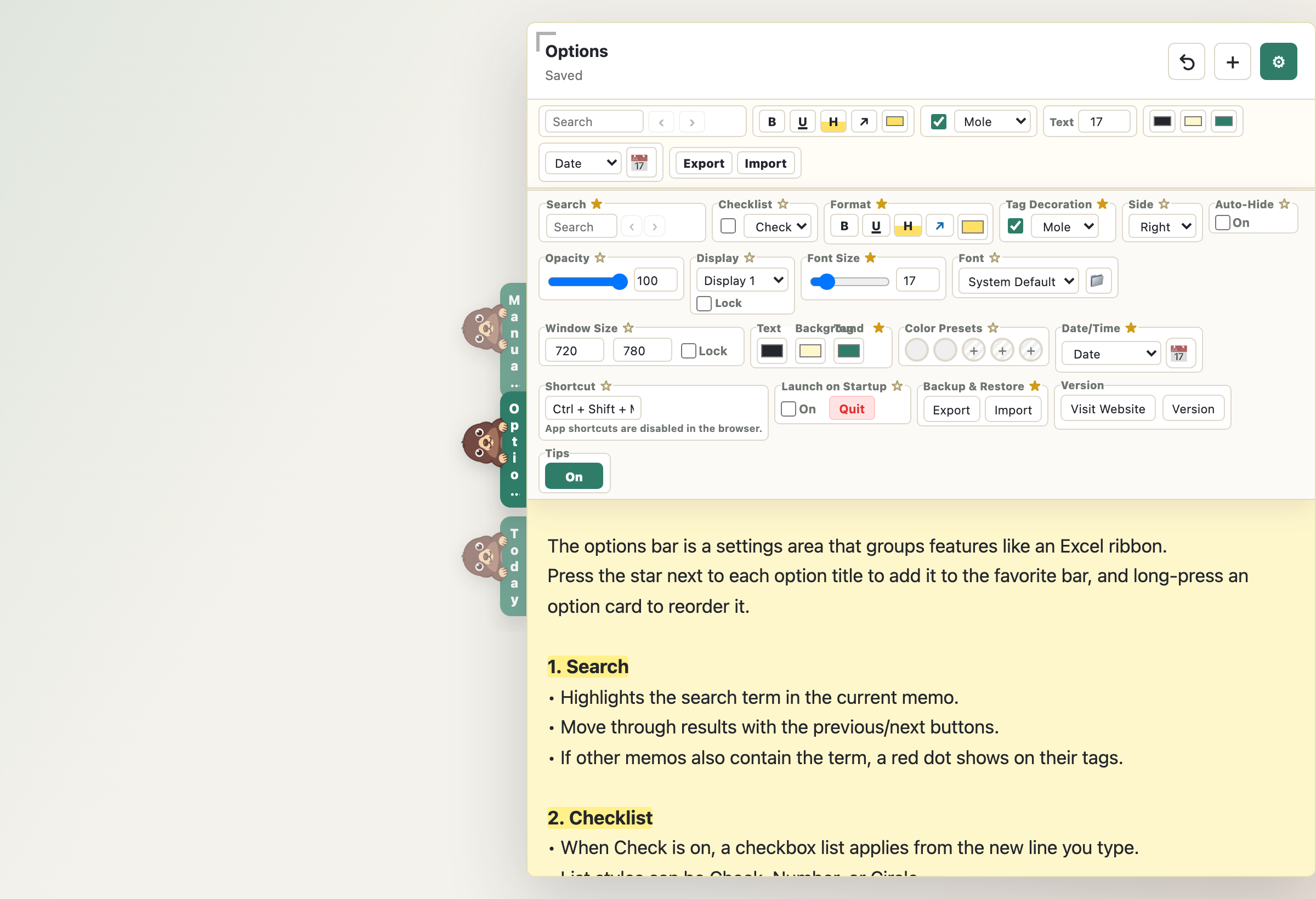 Mole Memo options and favorites panel open
